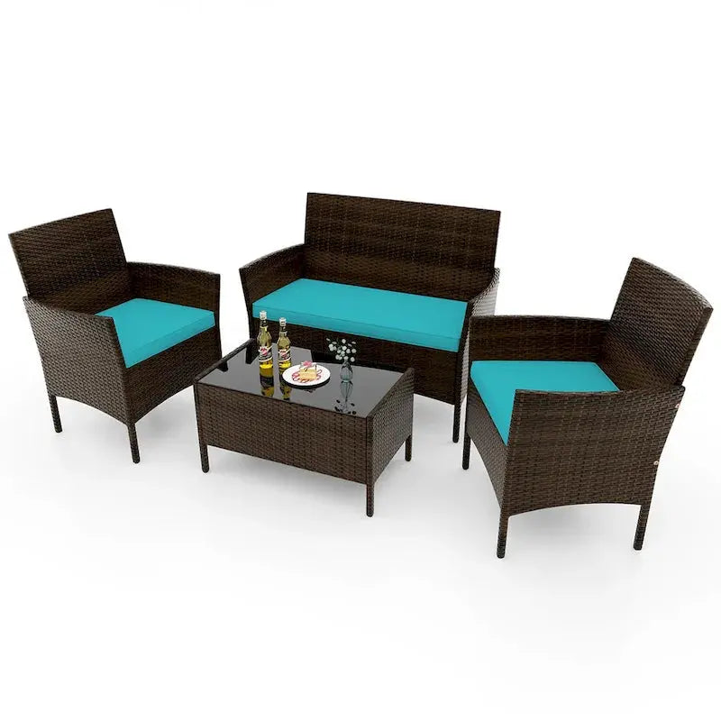 Costway 4-Piece Patio Furniture Set  Tempered Glass Table with Washable Seat Cushions
