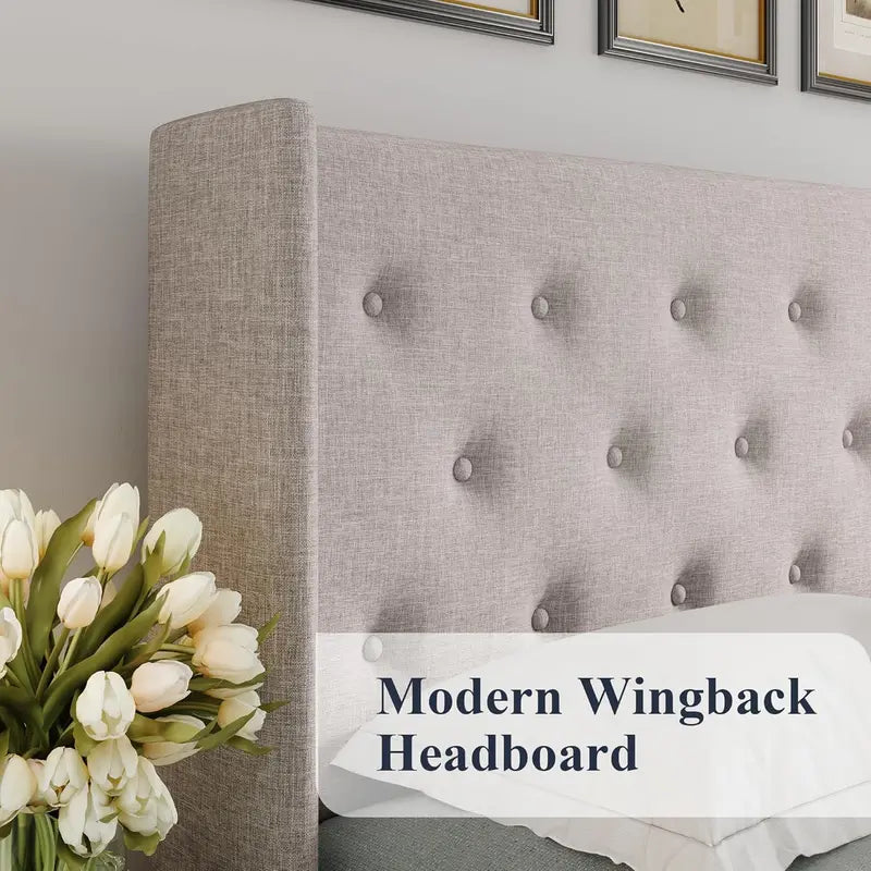 Allewie Modern Hydraulic Lift Queen Storage Bed  Wingback Headboard, Light Beige