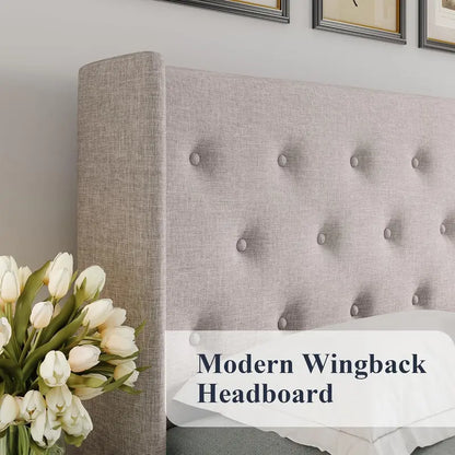Allewie Modern Hydraulic Lift Queen Storage Bed  Wingback Headboard, Light Beige