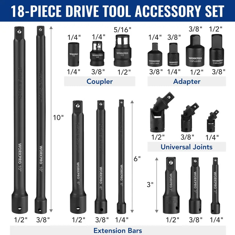 WORKPRO 18-Piece Drive Tool Accessory Collection  Universal Bits, Adapters & Extensions