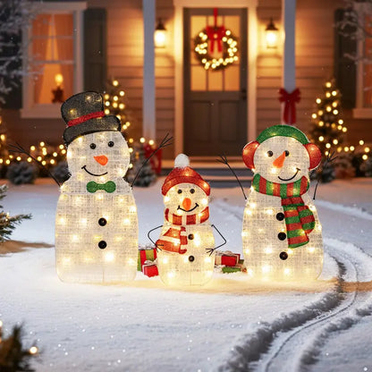 Lighted Snowman Family Set  Flat-Style Pre-Illuminated Christmas Decor with Classic Winter Charm