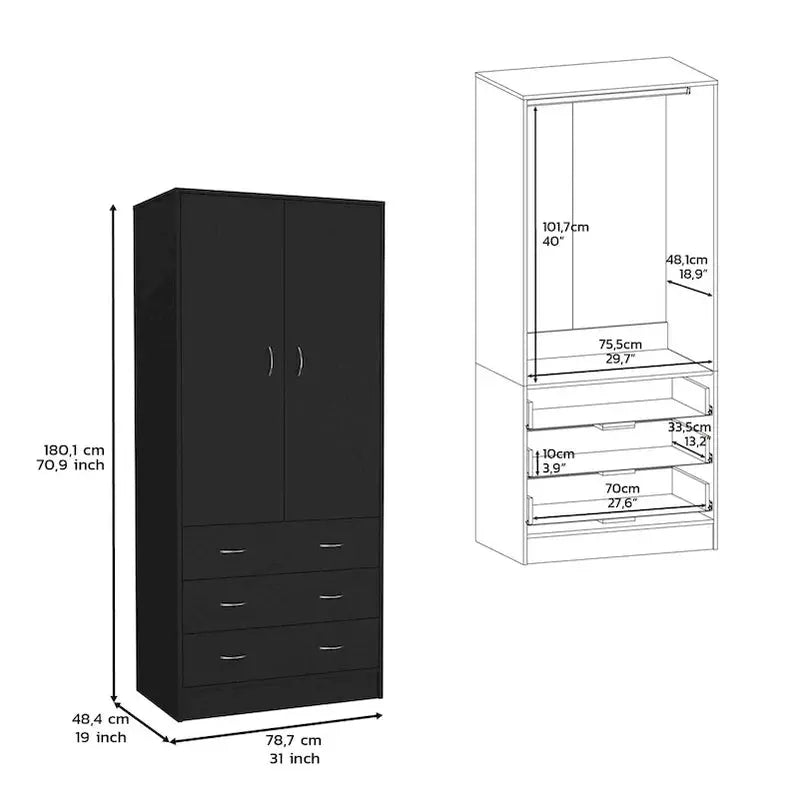 Contemporary Double-Door Armoire  19-Inch Tall Storage Cabinet with Hanging Rod & Drawers