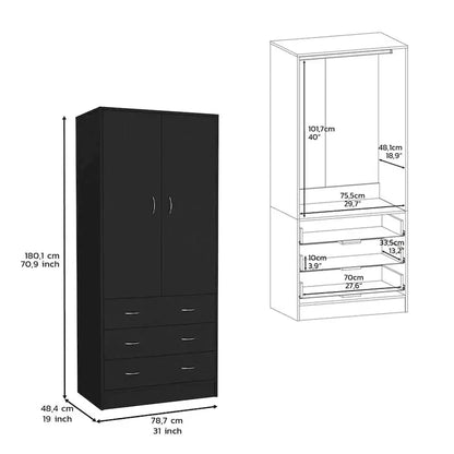 Contemporary Double-Door Armoire  19-Inch Tall Storage Cabinet with Hanging Rod & Drawers