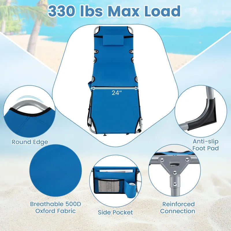 Adjustable Tanning Chair with Face Arm Holes, Four-Position Recline & Comfort Head Pillow