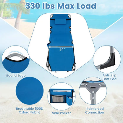 Adjustable Tanning Chair with Face Arm Holes, Four-Position Recline & Comfort Head Pillow