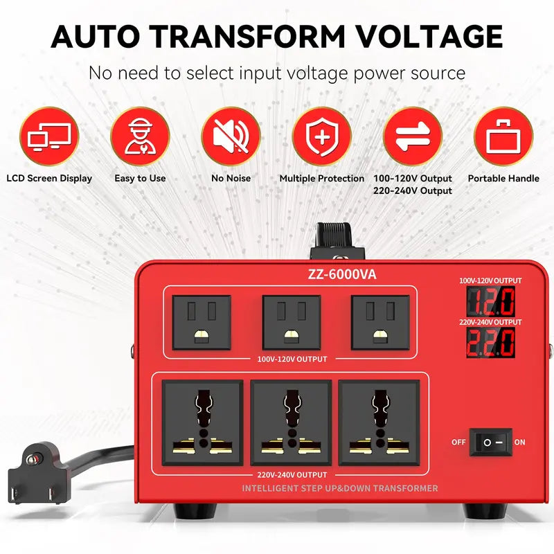 6000W Heavy-Duty Voltage Converter  Step-Up/Step-Down Transformer (110V↔220V), LCD Screen, Circuit Protection, 3 US + 3 Universal Outlets