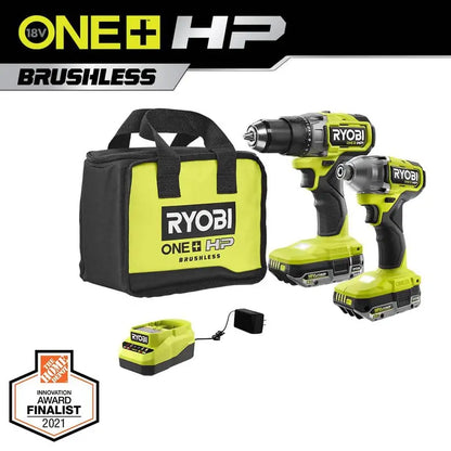 RYOBI ONE+ HP 18V Brushless Cordless 1/2 in. Drill/Driver and Impact Driver Kit w/(2) 2.0 Ah Batteries, Charger, and Bag PBLCK01K
