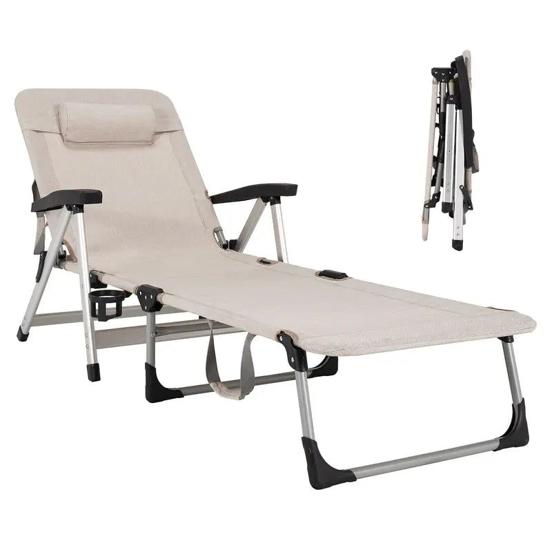 Adjustable Folding Chaise Lounge Chair for Outdoor Use  Includes Cup Holder and Removable Headrest