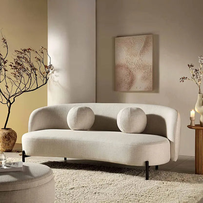 Curved 3-Seater Sofa with Ball-Shape Cushions  Beige Linen-Blend Lounge Sofa