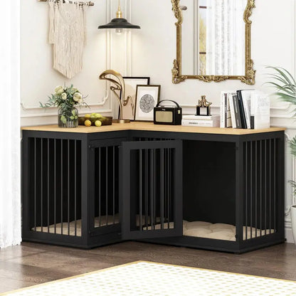 L-Shaped Corner Dog Crate Furniture  Dual-Dog Enclosure (58.7″ x 41.1″) with Concealed Design