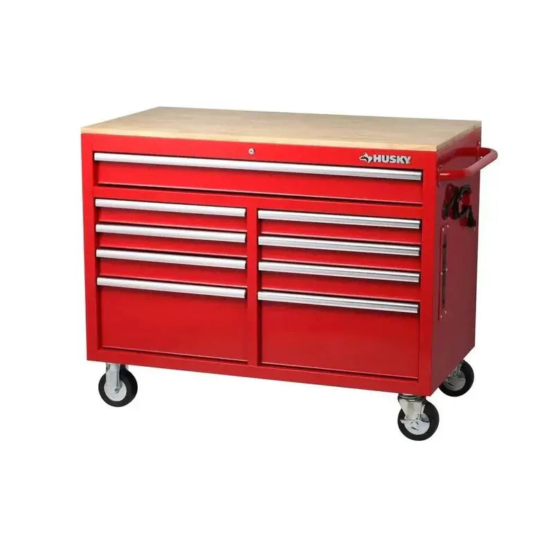 Mobile Workbench with 9 Drawers  Hardwood Work Surface, Integrated Power Outlet, High-Gloss Black Finish (117 x 62 cm)