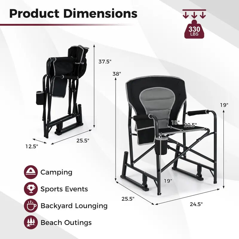 Adult Camping Rocker Chair  Dual-Spring Foldable Outdoor Seat with Padded Back Support