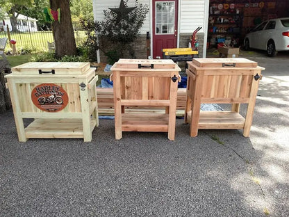 All-Weather 48-Quart Antiqued Cedar Beer Cooler Stand with Brass Drain and Bottle Opener
