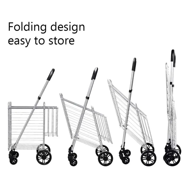 Heavy-Duty Folding Shopping Cart with Dual Baskets and 360° Swivel Wheels