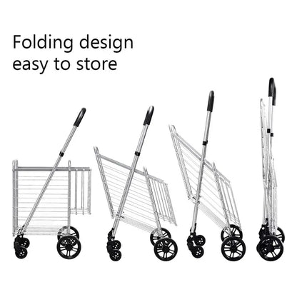Heavy-Duty Folding Shopping Cart with Dual Baskets and 360° Swivel Wheels