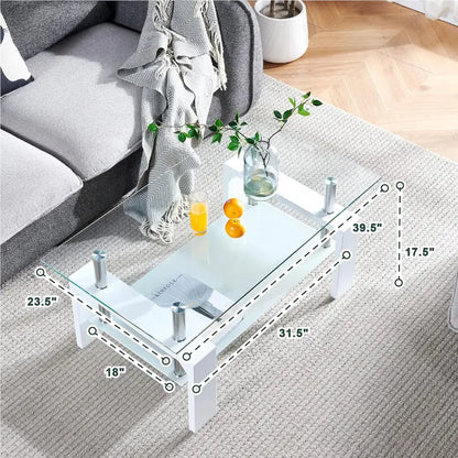 Contemporary Rectangle Coffee Table  Glass-Topped Living Room Side Table with Wooden Legs, Ideal for Waiting Areas