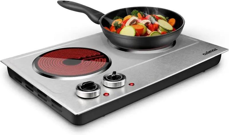 1800W Dual-Zone Ceramic Hot Plate  Infrared Countertop Cooktop with Independent Controls, Tempered Glass Surface, Silver & Stainless Steel Finish
