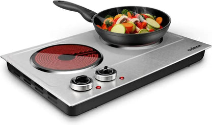 1800W Dual-Zone Ceramic Hot Plate  Infrared Countertop Cooktop with Independent Controls, Tempered Glass Surface, Silver & Stainless Steel Finish