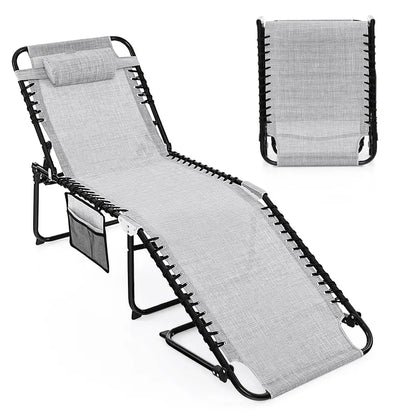 Adjustable Patio Chaise Lounge  Folding Recliner Chair with 4-Position Backrest, Side Pocket & Removable Headrest