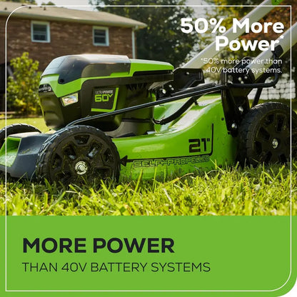 60V Cordless Self-Propelled Lawn Mower  21″ Brushless Motor, LED Lights, Dual 4.0Ah Batteries & Fast Dual-Port Charger