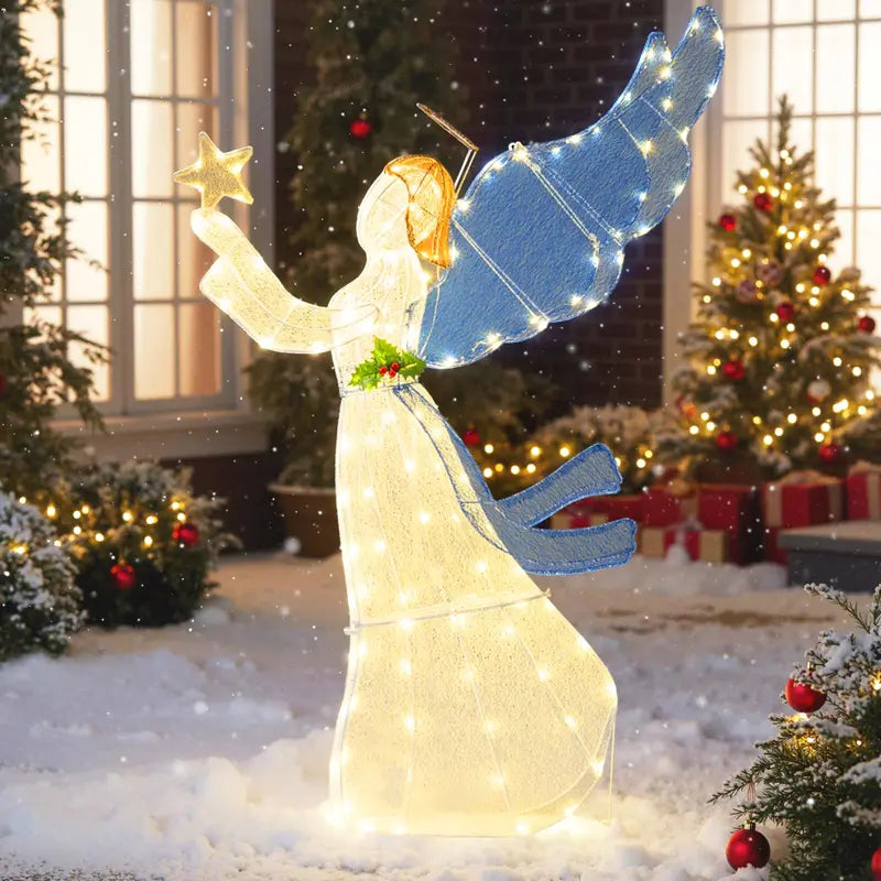 5-Foot Illuminated Angel Ornament  Glowing Star Halo and Expansive Wing Design