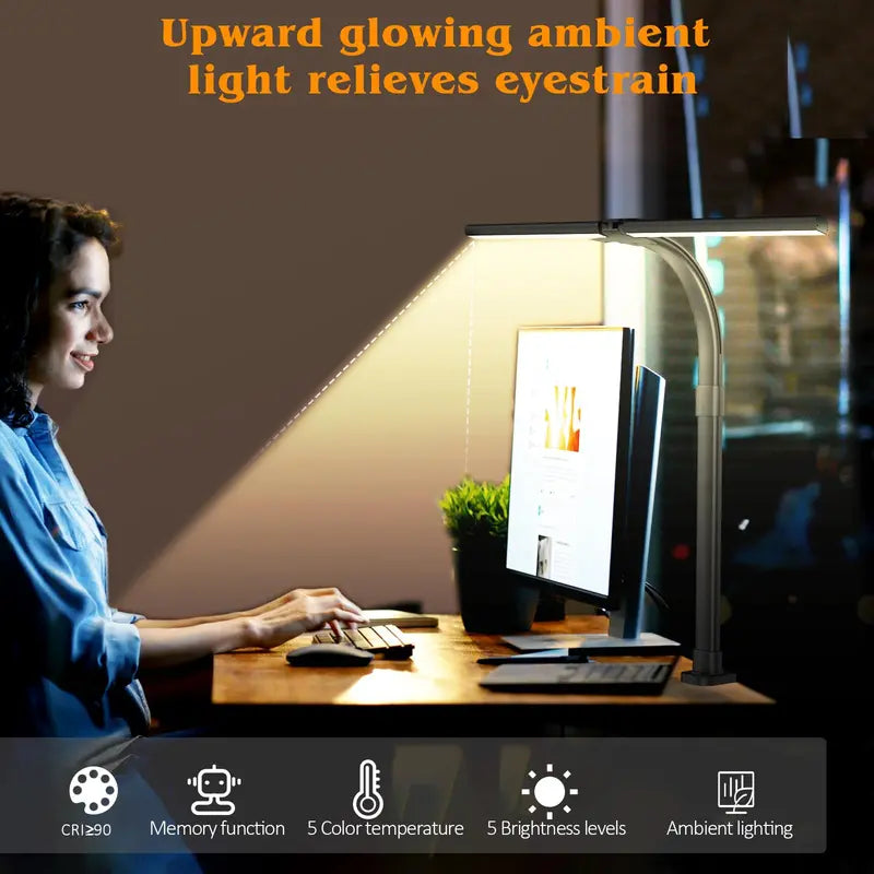 Clamp-Mount Dual-Head LED Desk Lamp  24W, 5 Brightness + 5 Color Modes, Articulating Arm