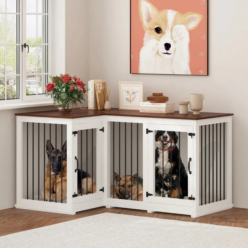 L-Shaped Corner Dog Crate Furniture  Dual-Dog Capacity, 58.7″ x 41.1″, Stylish Enclosed Design