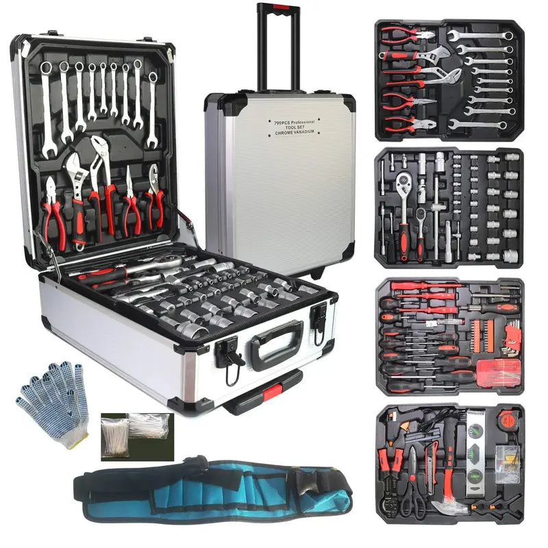 799-Piece Aluminum Household Tool Trolley  Modular Rolling Workbench for Home or Workshop Organization