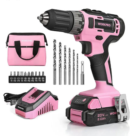 WORKPRO 20V Cordless Drill Driver  Pink Edition with Fast Charger & 11-Inch Carry Bag