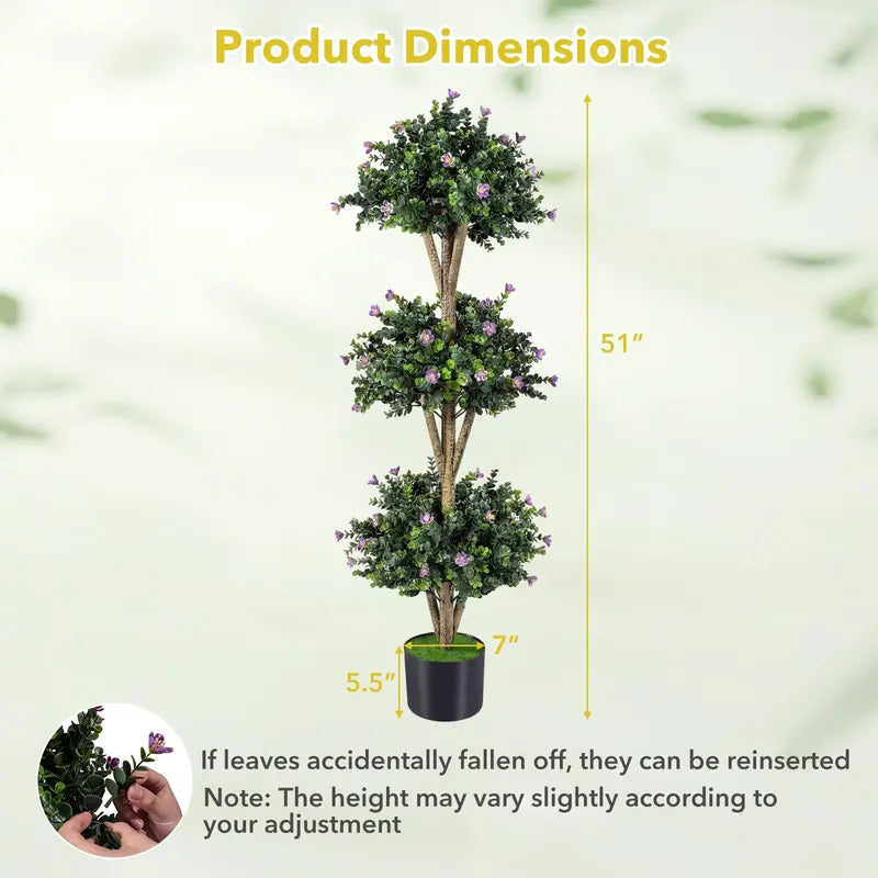 51-Inch Artificial Triple-Ball Boxwood Topiary Tree with 59 Blossoms and Weighted Plastic Pot