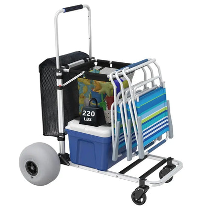 Heavy-Duty Foldable Beach Cart  Aluminum Frame, 12″ Balloon Wheels, 220-Lb Capacity, Adjustable Handle