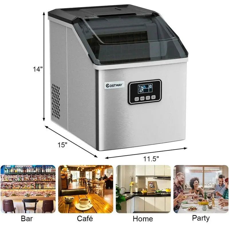 24-Hour Stainless Steel Countertop Ice Maker  48LB Capacity, LCD Display, Self-Cleaning Function & Included Scoop
