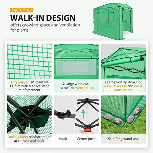EAGLE PEAK 8 6 Portable, Heavy-Duty, Walk-in Pop-up Greenhouse, Indoor Outdoor Gardening Green House