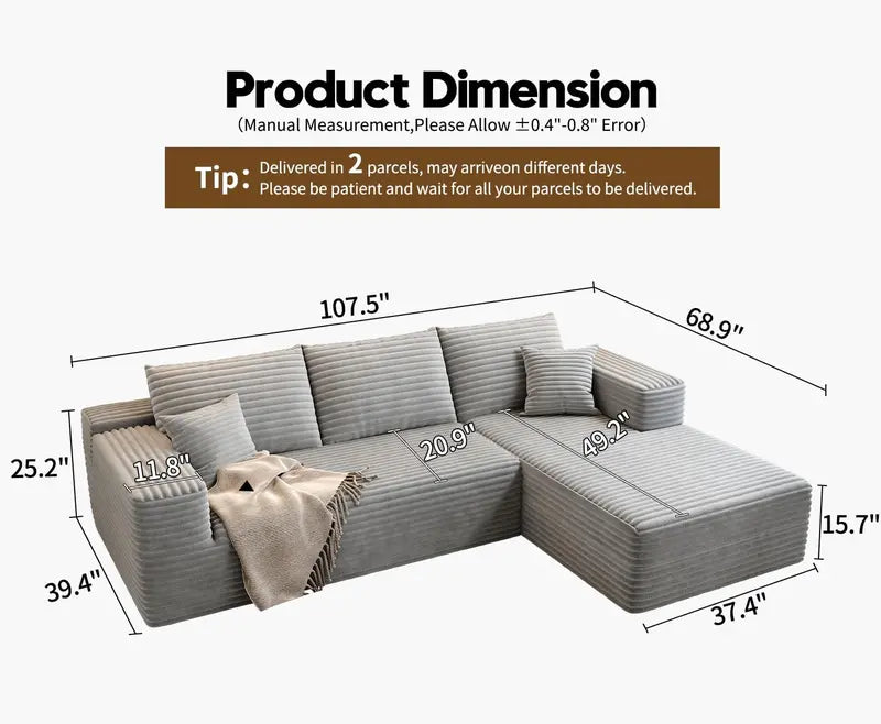 Cloud Modular L-Shaped Sectional Sofa  107.5-Inch Modern Minimalist Upholstered Couch with Chaise