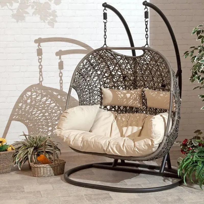 Woven Wicker Patio Swing Chair  All-Weather Resin, Curved Backrest, Powder-Coated Frame