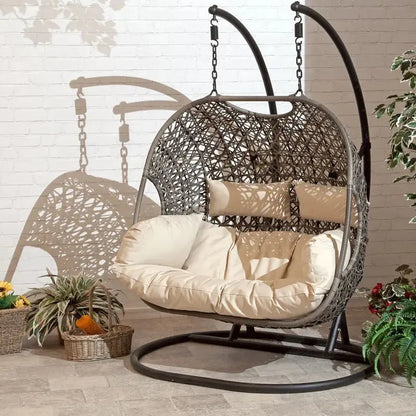 Woven Wicker Patio Swing Chair  All-Weather Resin, Curved Backrest, Powder-Coated Frame