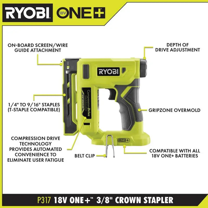 RYOBI ONE+ 18V Cordless Compression Drive 3/8 in. Crown Stapler (Tool Only) P317