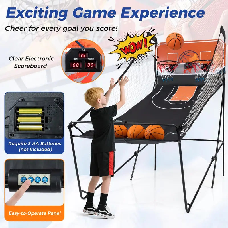 Foldable Dual-Lane Basketball Arcade Game with LCD Score Display and 4 Game Balls