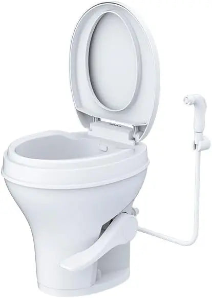 RV Toilet by [Brand]  Standard Height, Gravity Flush, Foot Pedal, Soft Close Lid, Sprayer Attachment, White