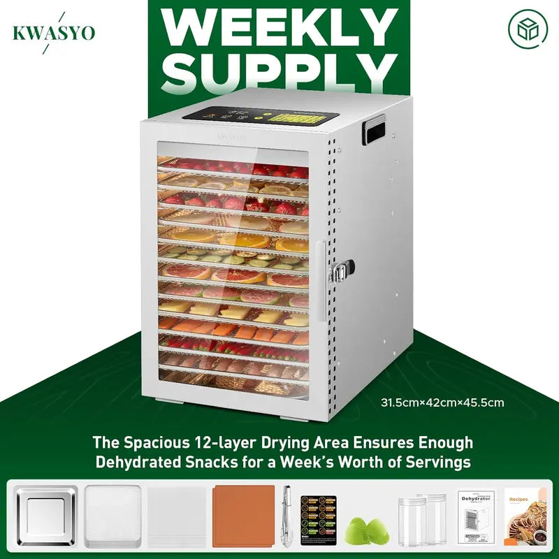 12-Tray Stainless Steel Food Dehydrator  Dual-Fan 360° Airflow, 24-Hour Timer, 30°C90°C Range & Overheat Protection (800W)