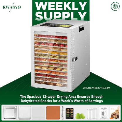 12-Tray Stainless Steel Food Dehydrator  Dual-Fan 360° Airflow, 24-Hour Timer, 30°C90°C Range & Overheat Protection (800W)