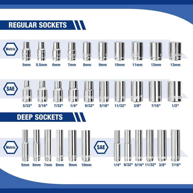 WORKPRO 70-Piece 1/4″ Drive Socket Set  Metric and SAE Sockets with Quick-Release Ratchet