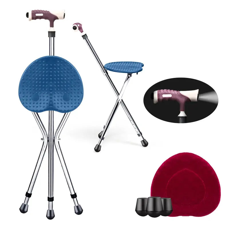 Adjustable Folding Cane Seat  Aluminum Alloy Crutch Chair with LED Light and Tripod Base