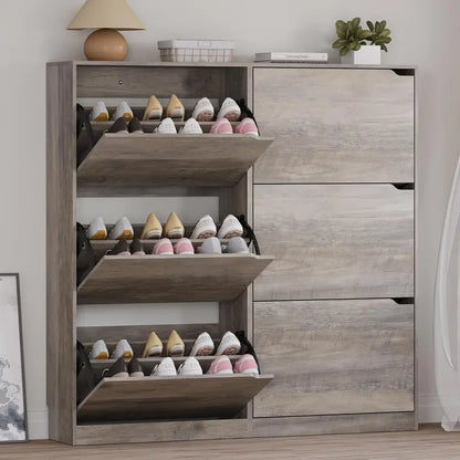 Discreet Freestanding Wood Shoe Cabinet with Three Concealed Flip Drawers