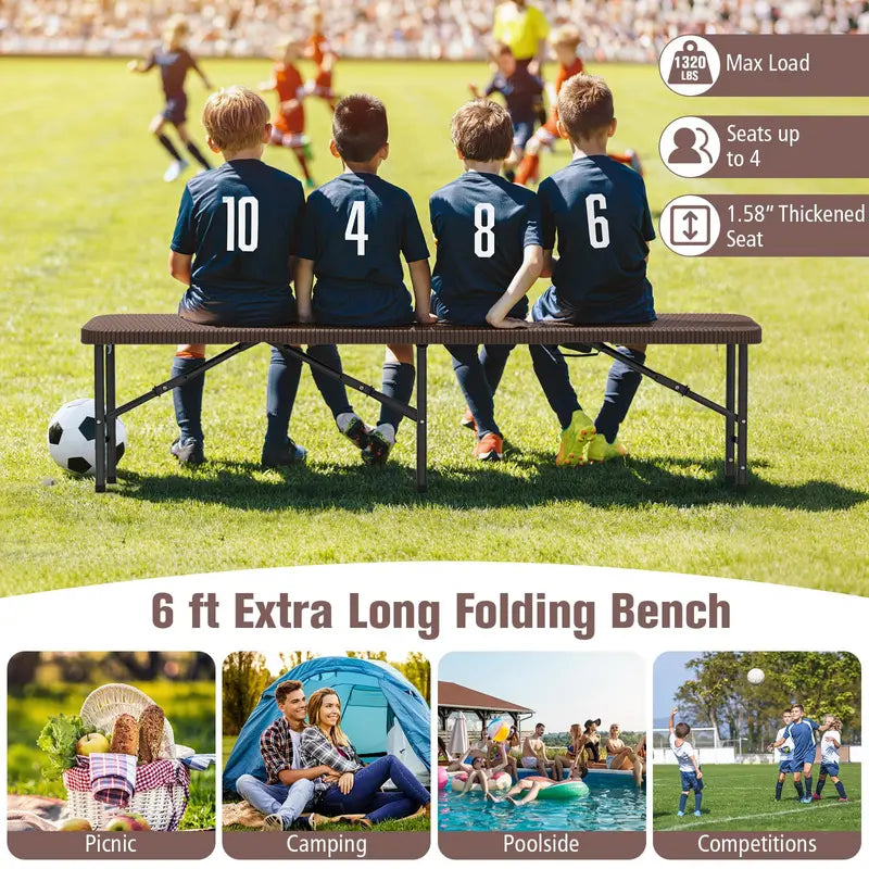6-Foot Heavy-Duty Plastic Folding Bench  1320-LB Capacity Portable Seat for Camping, Picnics & Events