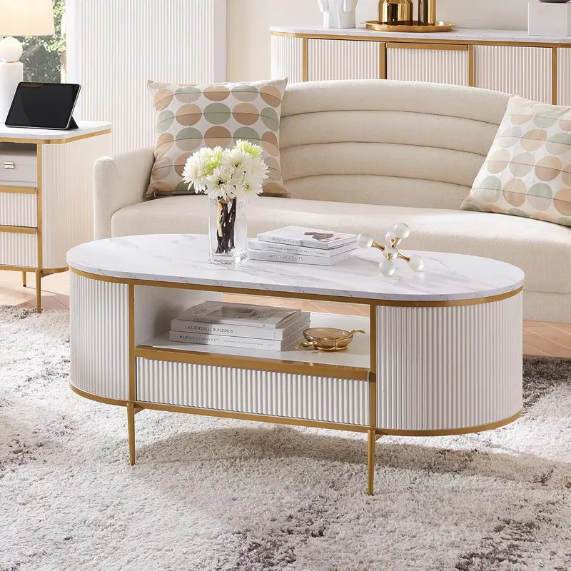 OKD 48-Inch Oval Grooved Coffee Table  Imitation Marble Top, Gold Trim, Curved Contour Design with Drawers