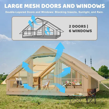 6-Person Inflatable Camping Tent  10′ x 7′ Waterproof, Windproof Glamping Dome with Mesh Ventilation, Integrated Pump, and Luxury Oxford Fabric
