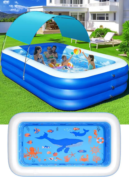Ocean-Themed Inflatable Family Pool with Canopy  Extra-Large 105″ x 75″ x 25″, Thickened Vinyl for Kids & Adults, Backyard Swimming Pool