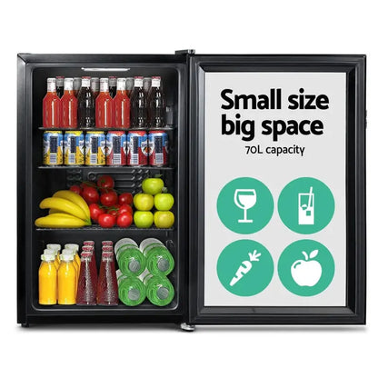 Devanti 70L Glass-Door Bar Fridge  Illuminated Black Mini Refrigerator