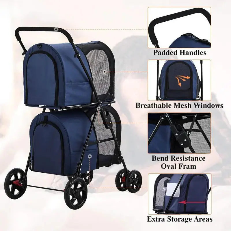 42-Inch Double Pet Stroller  Foldable, All-Terrain Dog & Cat Stroller with Suspension (Navy Blue)